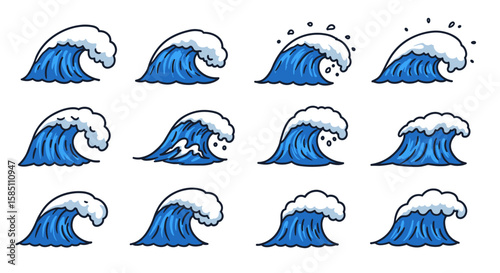 Cartoon style ocean wave set with blue and white crests