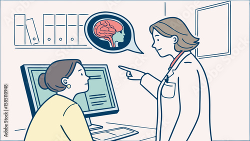 Female doctor explaining brain scan results on a screen to a patient during a medical consultation.