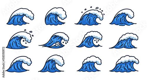 Dynamic set of blue ocean waves in cartoon style with splash variations