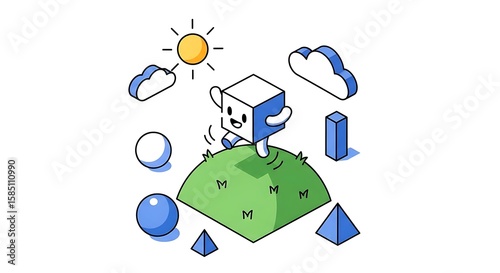 Cute 3D Cube Character on Cartoon Hill with Geometric Shapes