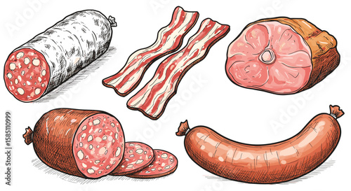 Assorted meats: bacon, ham, salami, and sausage in detailed drawing