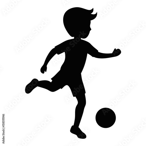Silhouette of a child actively playing soccer and kicking a ball isolated on white background