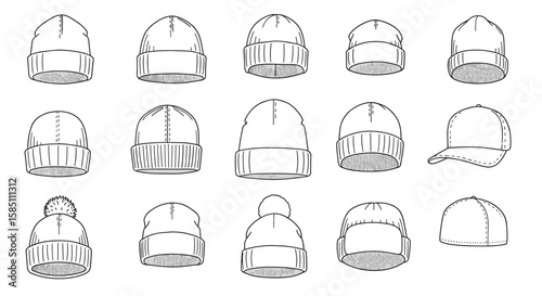 Diverse collection of hand-drawn winter hats and caps in outline style