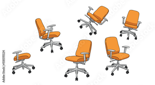 Six rotating office chairs in dynamic arrangements on white background