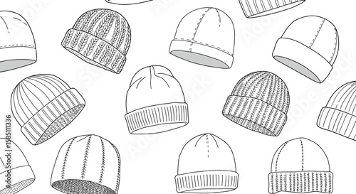 Seamless pattern of hand drawn winter beanies on white background