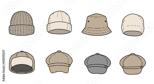 Collection of various hat styles in neutral tones with stitch details