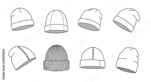 Collection of simple outline beanies and knit hats in various styles