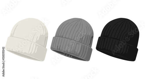 Three monochrome knitted beanies in neutral tones on white background