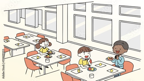 children lunch together with all friends in canteen