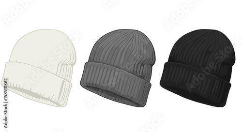 Three ribbed knitted beanies in white, gray, and black