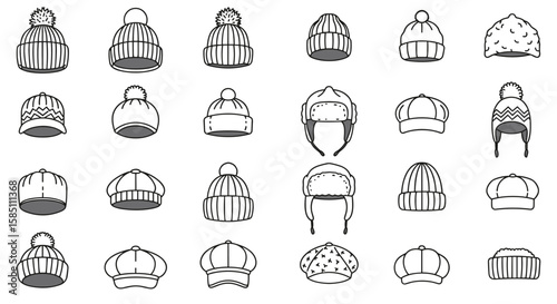 Diverse collection of winter and baseball hats in black and white linear style
