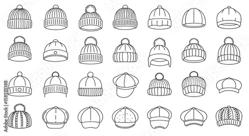 Outline collection of winter and baseball hats in minimalist style
