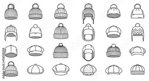 Collection of linear winter hats - warm beanie and caps with patterns and pom poms