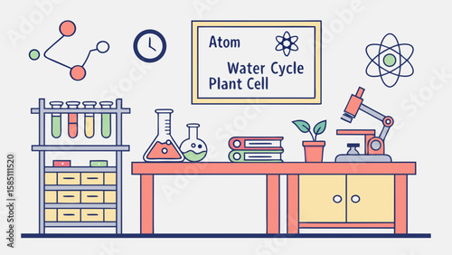 Illustration of a science laboratory with various equipment and educational materials on a desk.