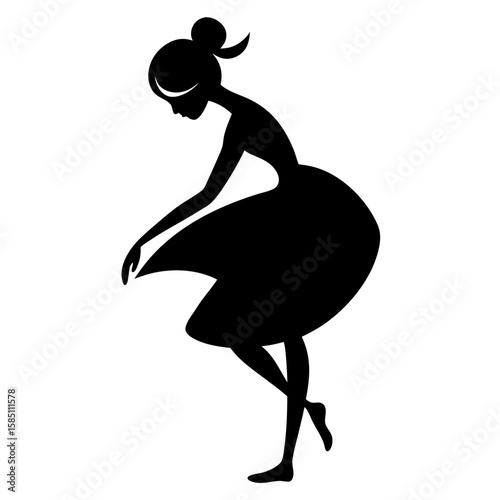 Elegant ballerina silhouette adjusting her tutu skirt isolated on white background