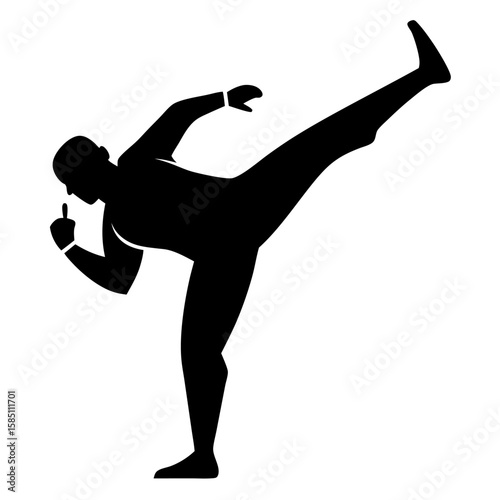 Dynamic silhouette of a person performing a capoeira kick isolated on white background