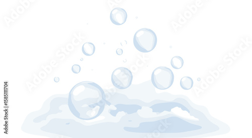 Floating transparent bubbles over soft clouds with light reflections
