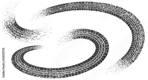 Grunge tire track curves with dynamic skid marks in black and white