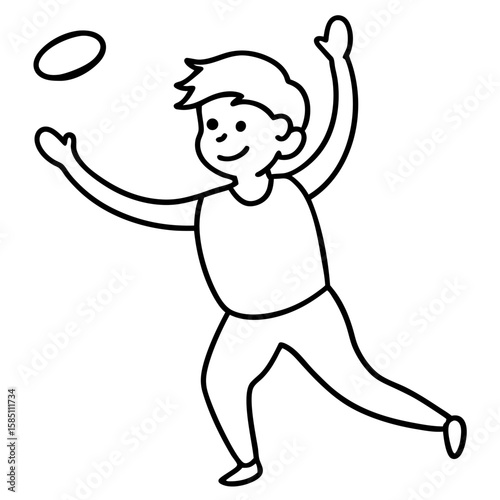 Simple line art illustration of a child in motion throwing a frisbee isolated on white background