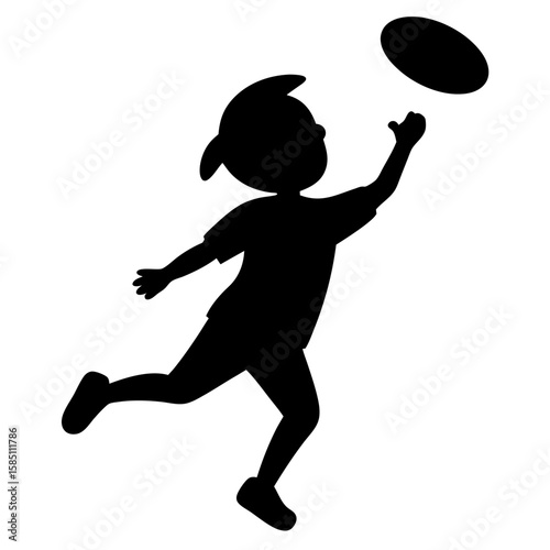 Silhouette of a child joyfully throwing a frisbee isolated on white background