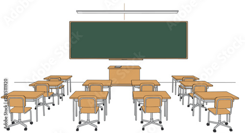 Empty classroom with chalkboard and desks in linear style