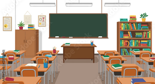 Modern classroom interior with chalkboard and bookshelves in flat design