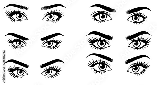 Diverse eye expressions with detailed eyebrows in monochrome style
