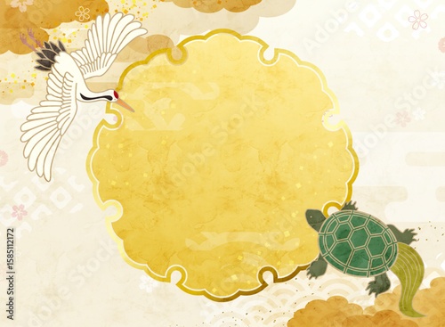 鶴と亀の水彩風イラストフレーム、お祝いフレーム、和柄イラスト