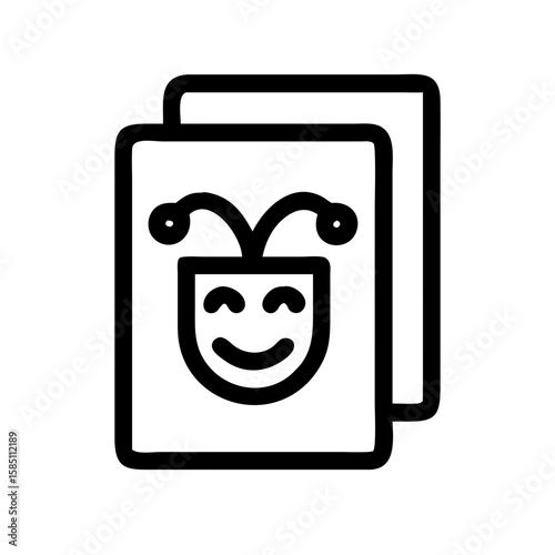 Minimalist joker card illustration in black and white. Joker card illustration design featuring an outline of smiling mask, playful and simple. Creative joker card concept for entertainment, gaming.