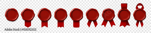 Set of Red Wax Seals with Ribbons – Realistic Stamp Badges on Transparent Background