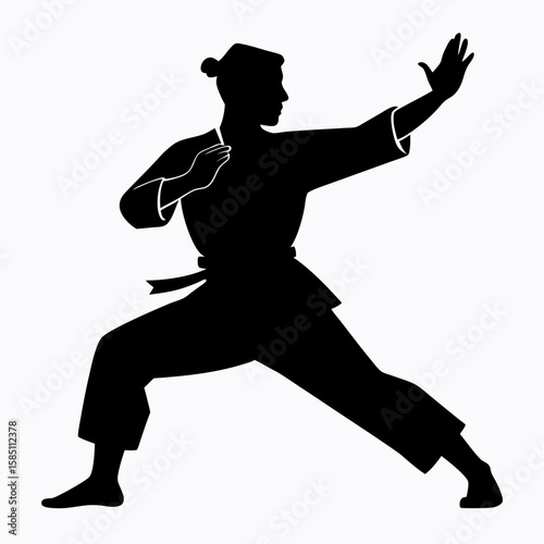 Dynamic silhouette of a martial artist performing a powerful kata isolated on white background