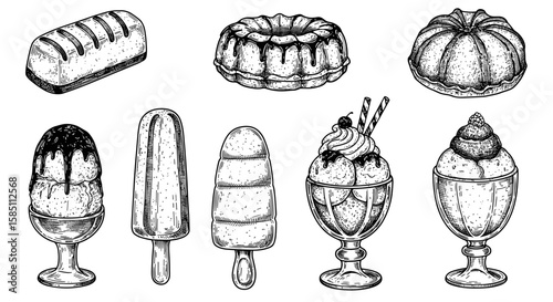 Hand drawn black and white desserts and pastries collection