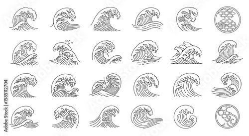 Minimalist wave icons collection: elegant line art of ocean waves in circular frames