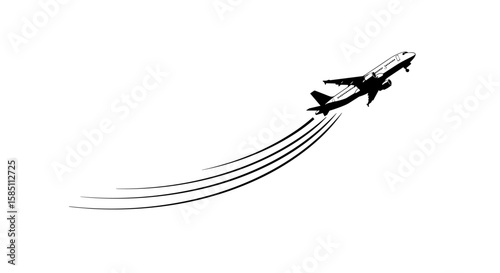 Passenger airplane silhouette with contrail on white background