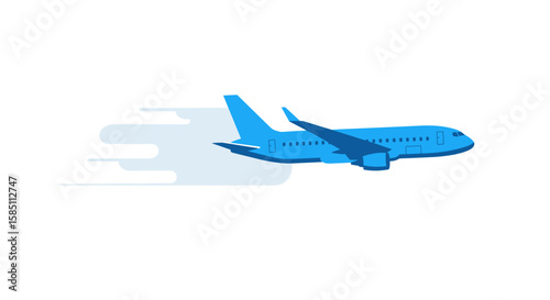 Blue airplane in flight with motion effect on white background
