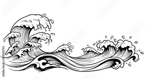 Dynamic ocean waves in black and white ink style