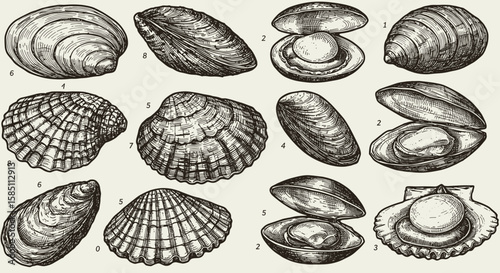 Vintage shell collection: hand-drawn seashells with pearls and detailed textures