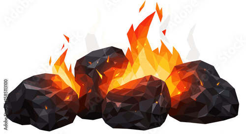 Geometric low polygon bonfire with glowing flames and coal rocks