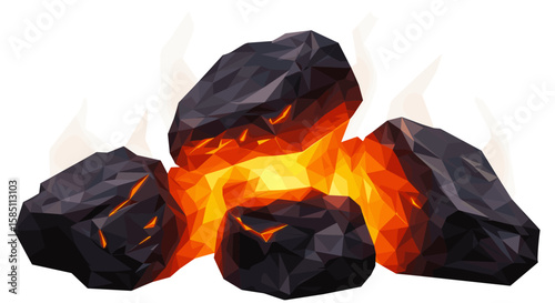 Polygonal glowing charcoal rocks with vibrant flames