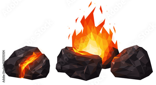 Polygonal campfire with glowing lava rocks and vibrant flames