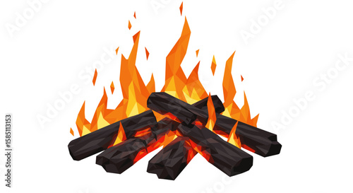 Low poly campfire with vibrant flames and charred logs