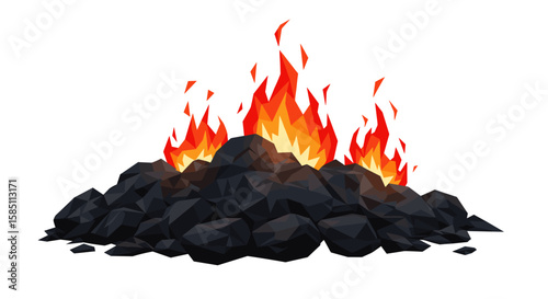 Low poly burning coal with flames on white background