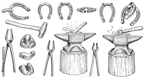 Blacksmith tools drawn in detailed vintage style with anvils and horseshoes