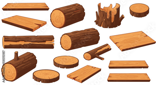 Collection of wooden logs and planks in cartoon style with tree rings and stumps