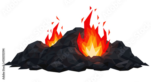 Low poly fiery volcano eruption with geometric lava rocks