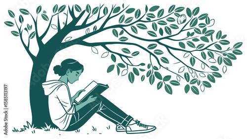 A young person engrossed in reading a book while sitting under the shade of a large tree.