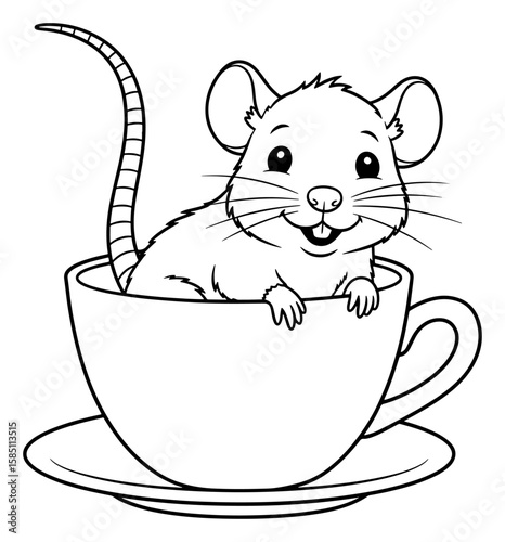 Cute Cartoon Mouse Sitting in a Teacup, Black and White Outline Illustration