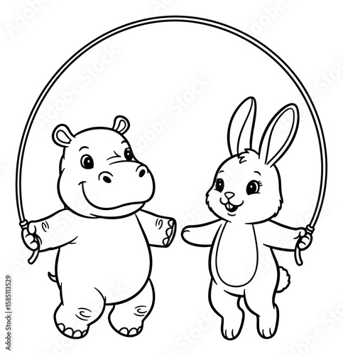 Cute Cartoon Hippo and Bunny Rabbit Skipping Rope Black and White Line Art Illustration