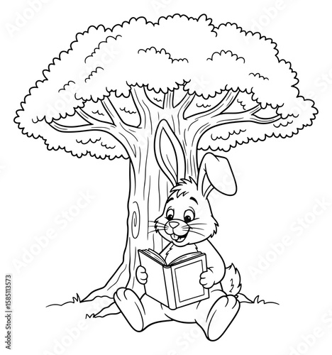 Cartoon Illustration of a Rabbit Reading Under a Tree in Black and White