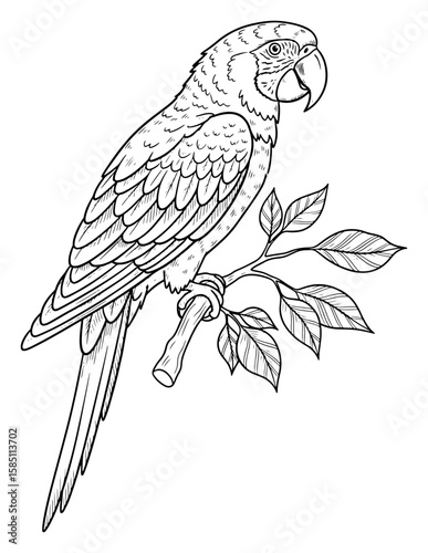 Detailed Line Art Illustration of a Parrot Perched on a Branch with Leaves